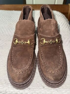 Steve Madden Brown Suede Loafers with Gold Horsebit Detail